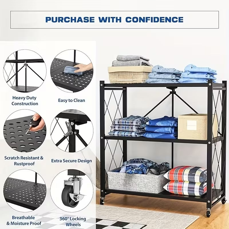 Premium Portable Folding Storage Rack with Wheels | Multi-Functional Mobile Shelving Unit | Heavy-Duty Space-Saver for Kitchen, Garage & Office