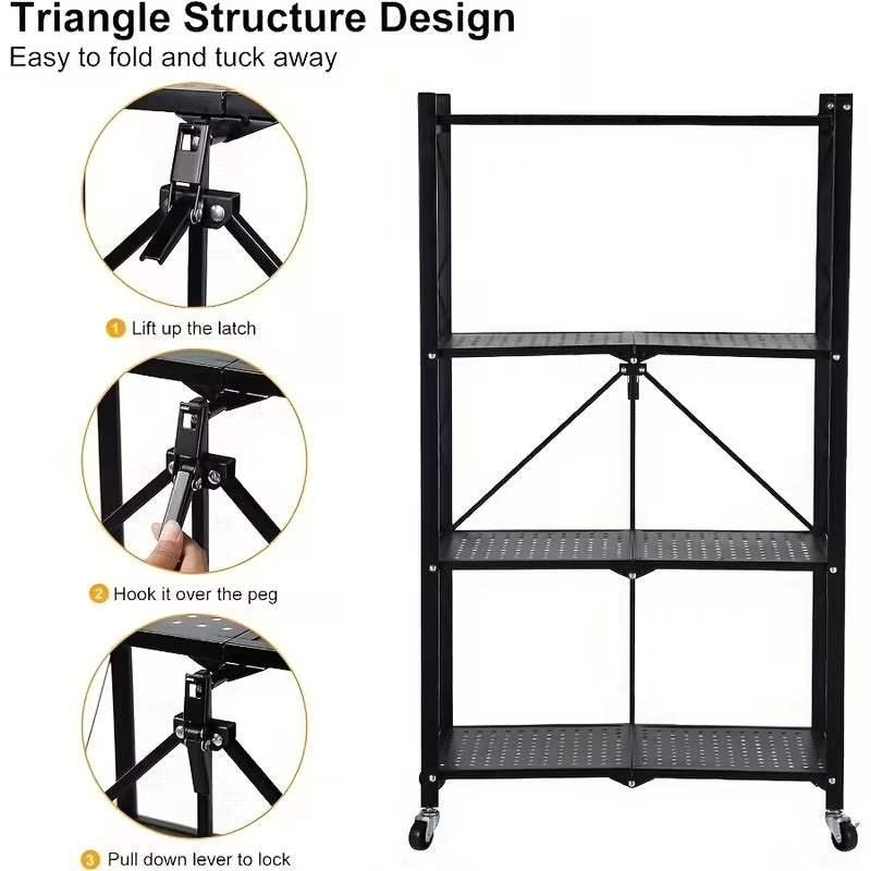 Premium Portable Folding Storage Rack with Wheels | Multi-Functional Mobile Shelving Unit | Heavy-Duty Space-Saver for Kitchen, Garage & Office