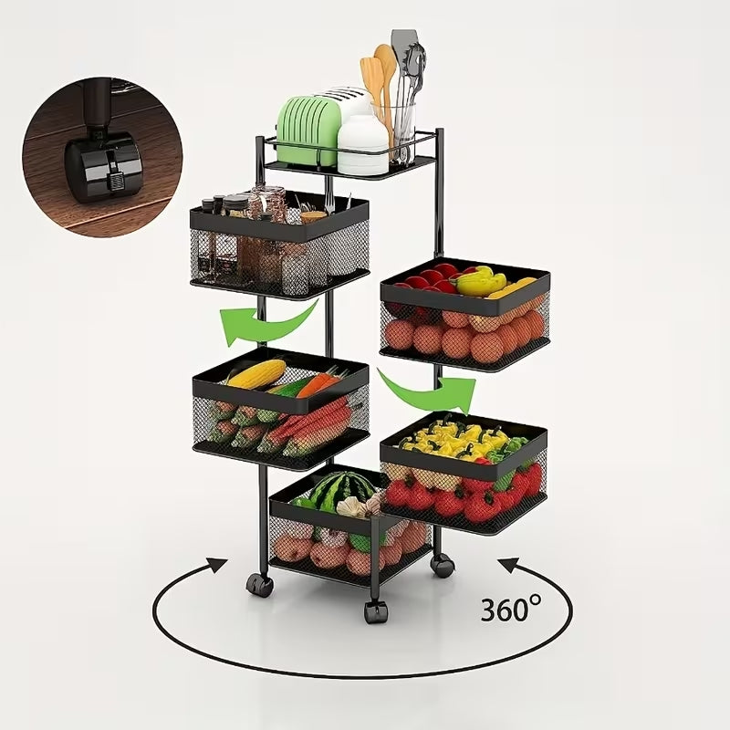 Premium 5-Tier Rotating Storage Trolley with Wheels | Square Multi-Layer Rolling Basket Organizer | Space-Saving Rack for Office, Kitchen & Bathroom