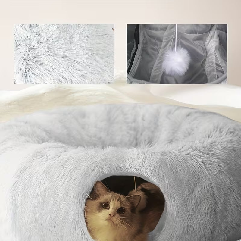 Luxury 2-in-1 Plush Cat Tunnel Bed | Ultra-Soft Winter Warm Donut Nest | Anti-Anxiety Hideaway with Interactive Toy & Peekaboo Hole