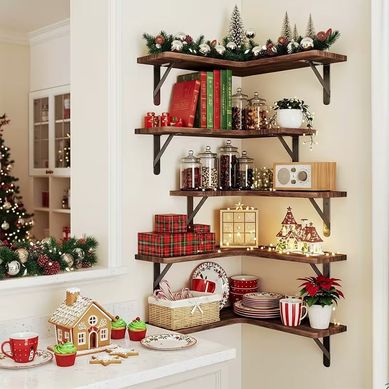 Rustic Wood Corner Floating Shelves Set (5/6 Pcs) | Heavy-Duty L-Shaped Wall Organizer | Space-Saving Decor for Bedroom, Bathroom, Kitchen & Living Room