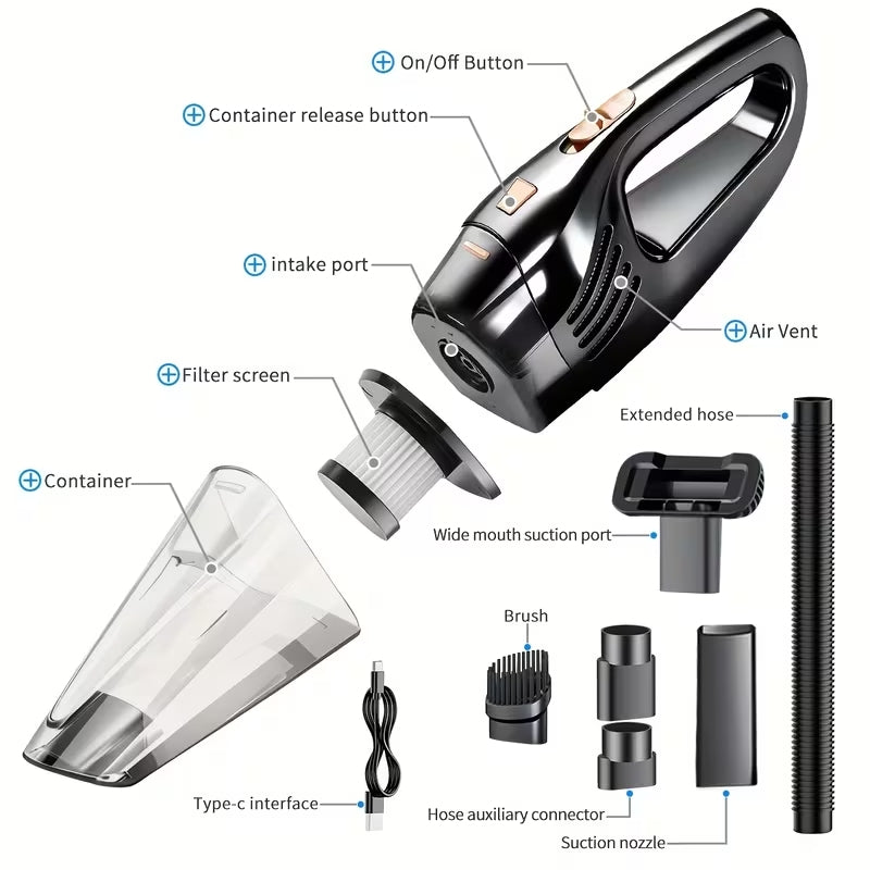 High-Power Cordless Handheld Vacuum | 4KPa Super Suction Mini Portable Cleaner | USB Rechargeable for Home, Car & Office